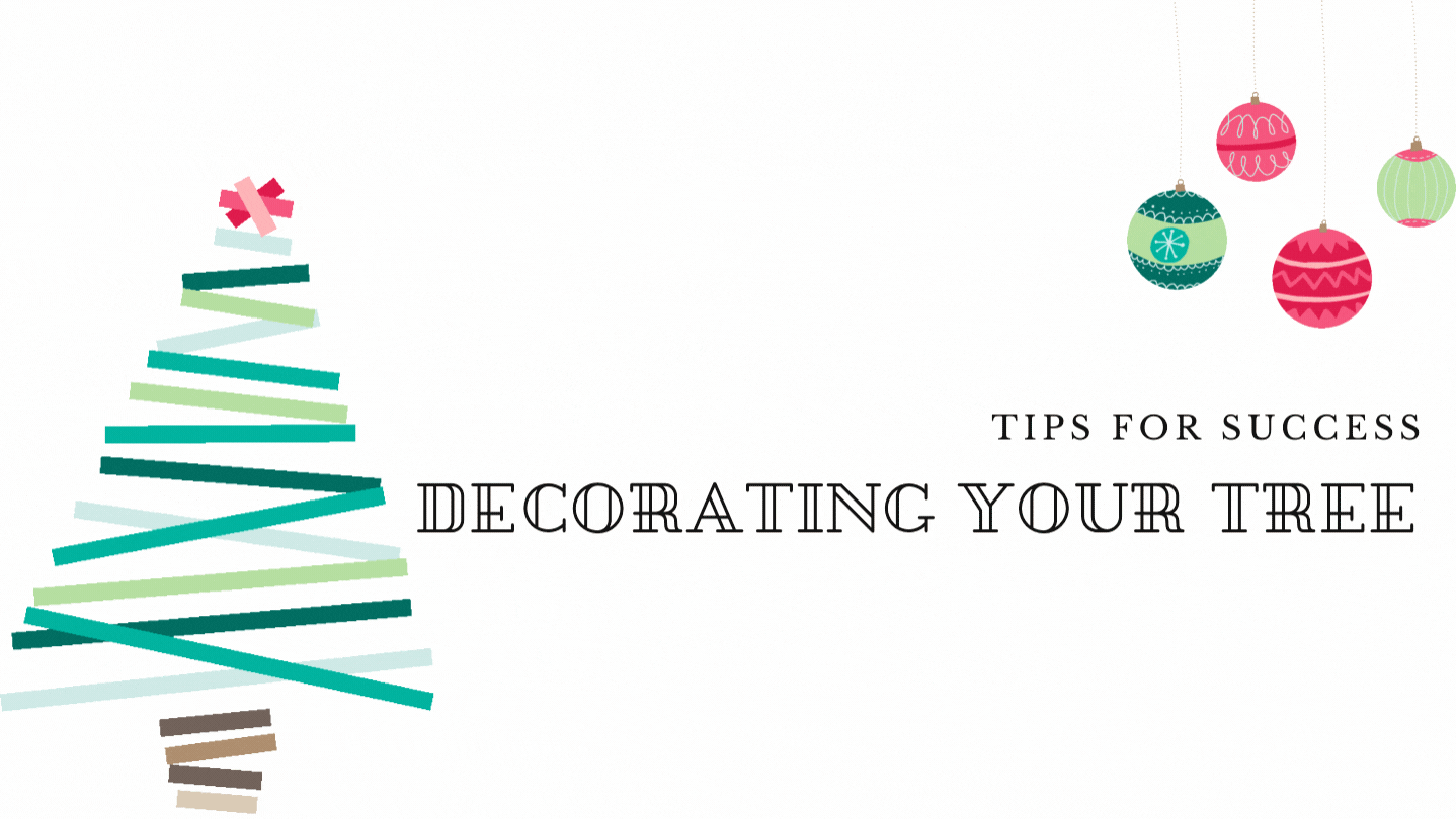 Graphic of a green striped Christmas tree with “Decorating your tree” text