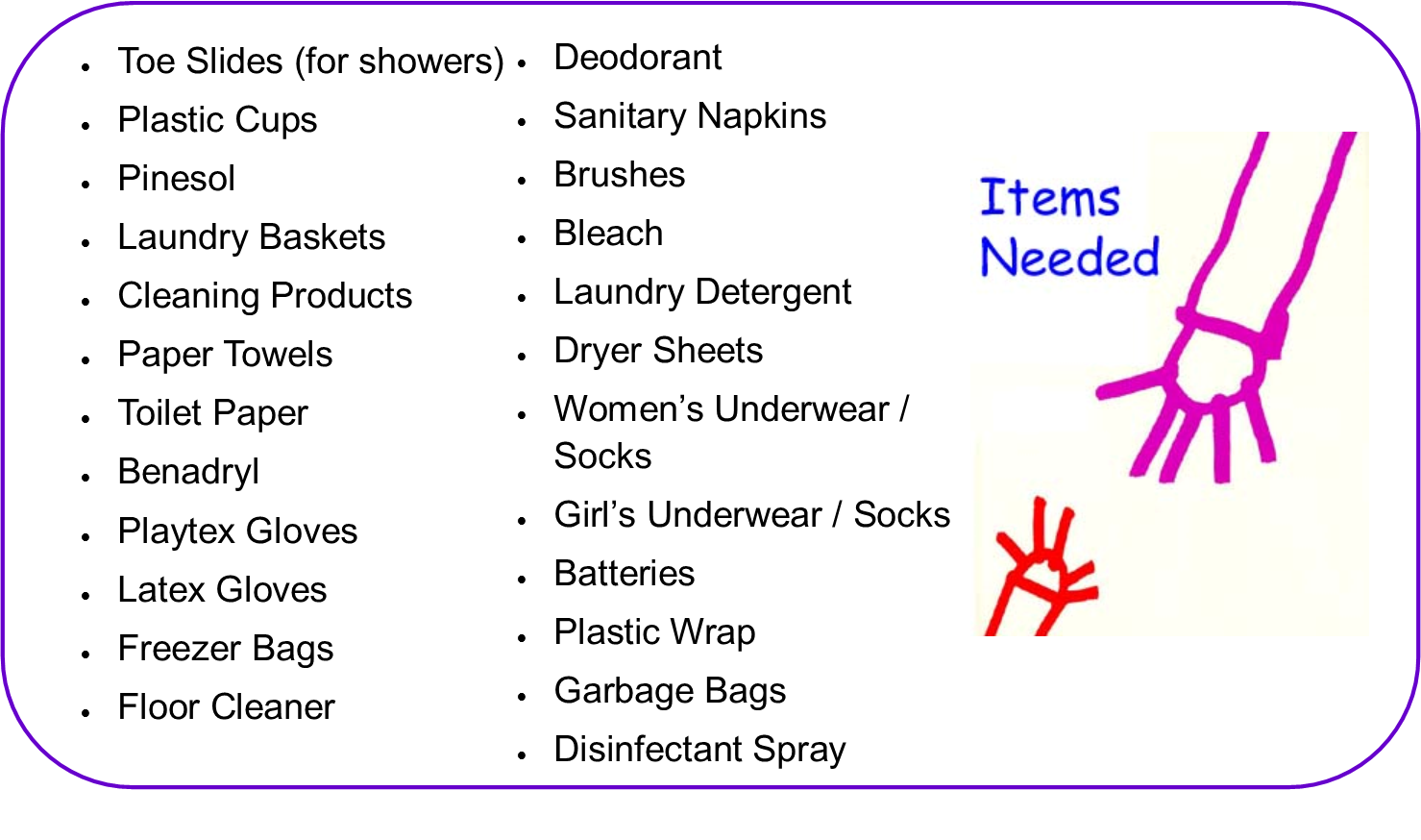Black rounded rectangle with purple border and “Items Needed” label with hand icons